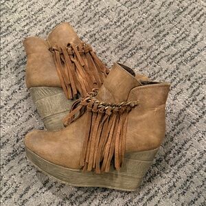 Sbicca Tan Fringe Wedge Boots